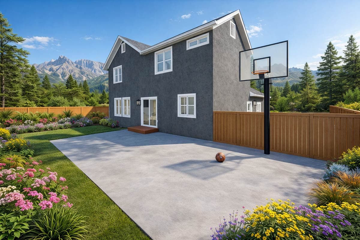 Two-story house plan exterior with stucco finish, gable end, multiple windows, and a rear deck.