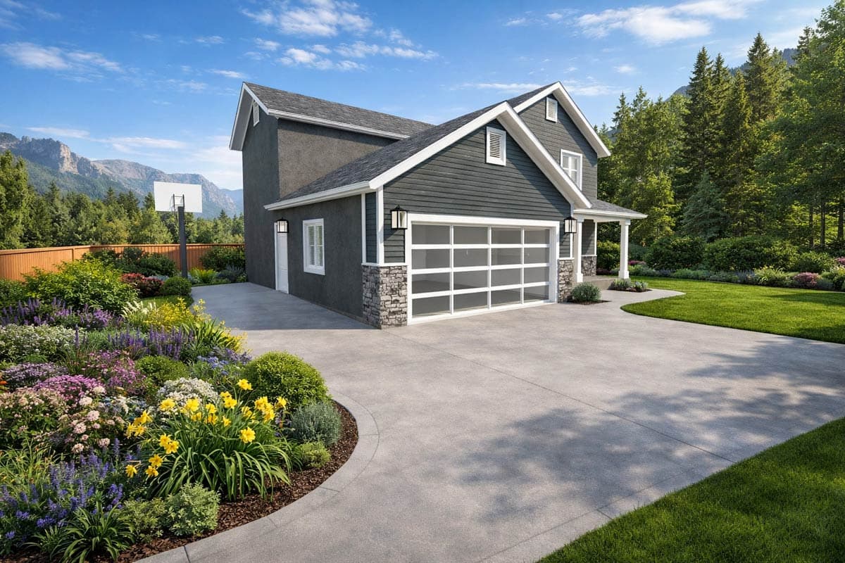 Two-story house plan exterior with a large glass garage door, gable dormers, and stone accents.