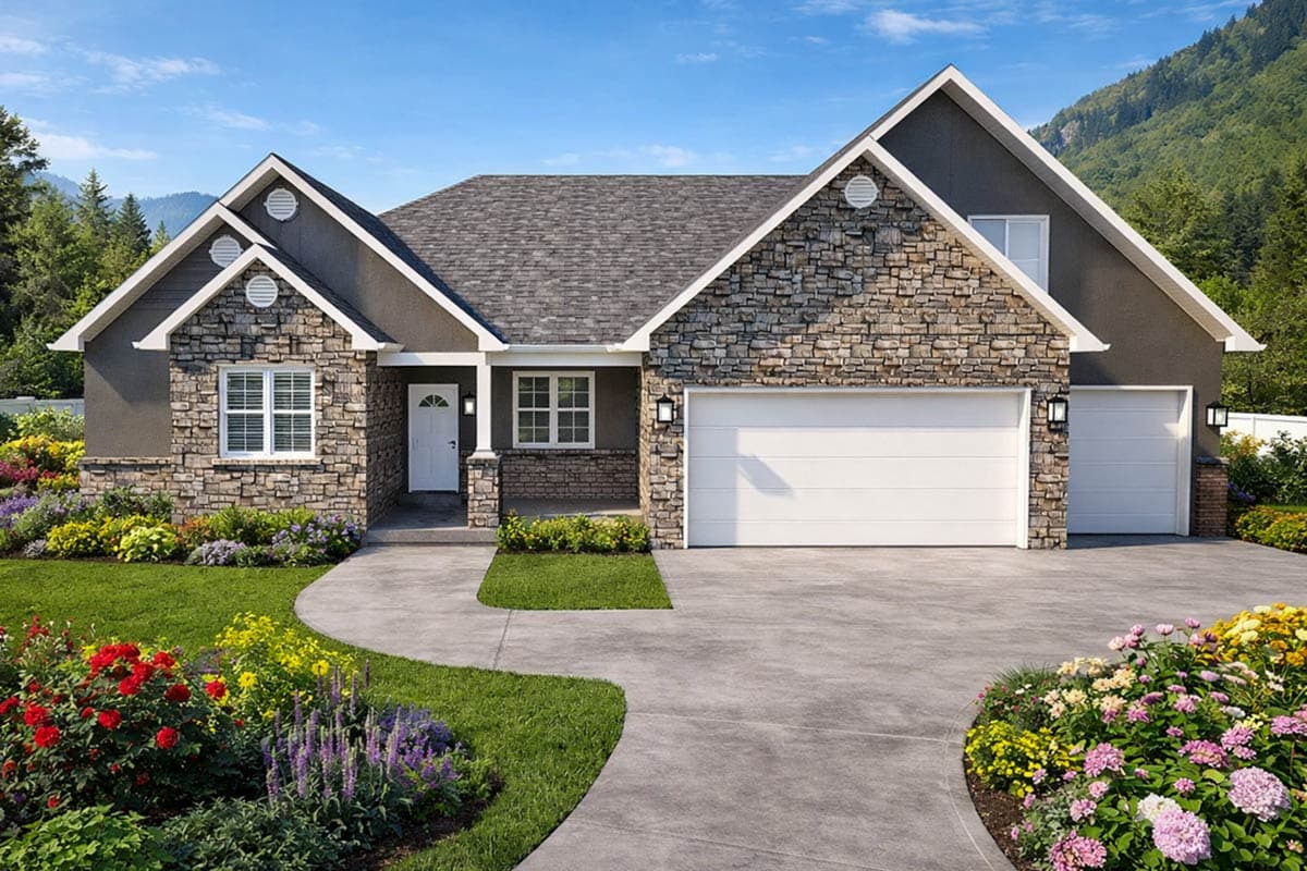 A modern house with a stone and gray facade, a white garage door, and vibrant flower beds lining a curved driveway against a mountain backdrop.