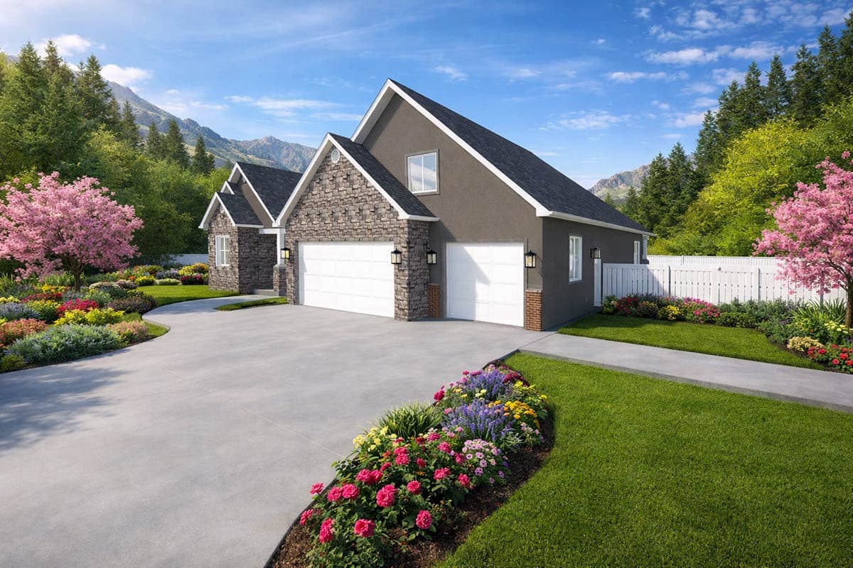 House plan exterior with stone accents, a dark roof, and a three-car garage.