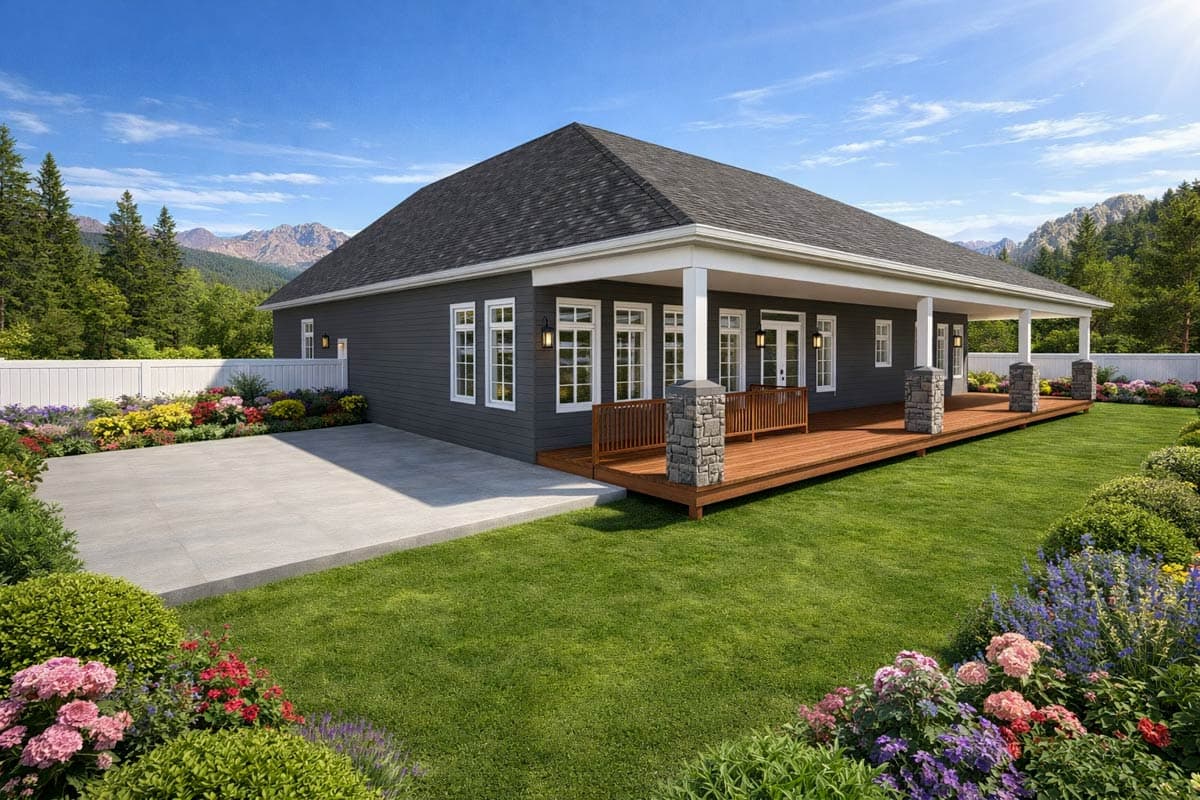 House plan exterior: one-story Modern Farmhouse with a wide covered porch, stone-accented columns, and asphalt shingle roof.