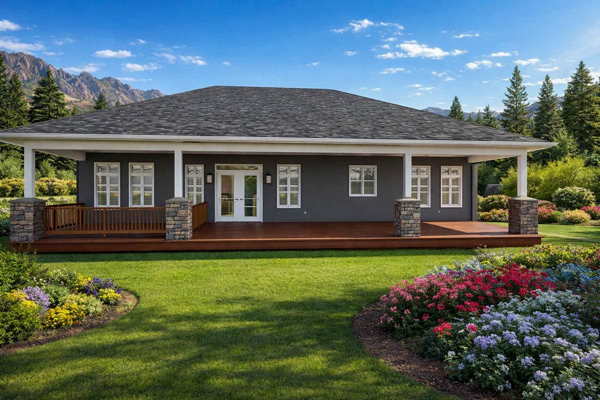 Ranch house plan exterior with full-width deck, stone-clad porch columns, and multiple windows.