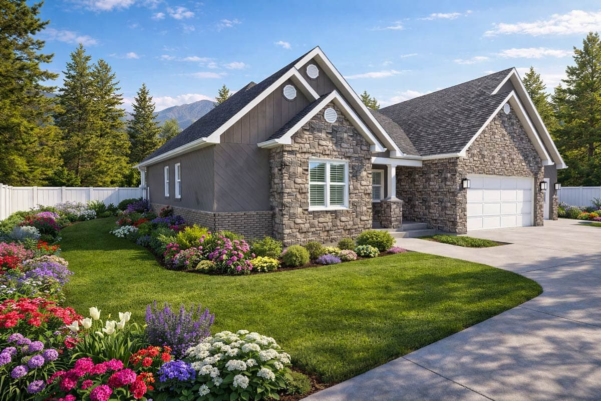 House plan exterior with stone and diagonal siding, prominent gables, and attached two-car garage.