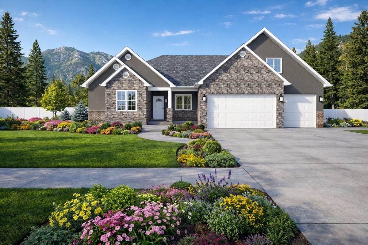 House plan exterior: Ranch style, stone accents, prominent gables, and a three-car garage.