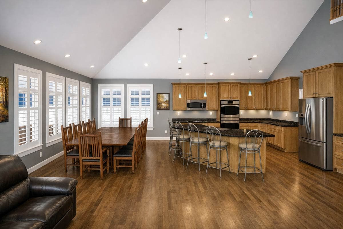 Open concept dining and kitchen area with vaulted ceiling, island with bar stools, and large windows with white shutters.