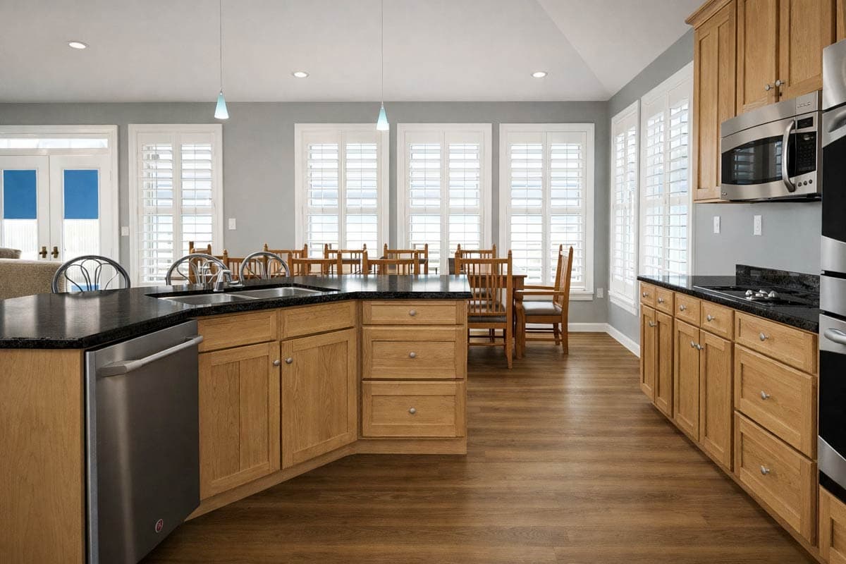 Kitchen with island, natural wood cabinets, granite countertops, stainless steel appliances, and dining area with large windows.