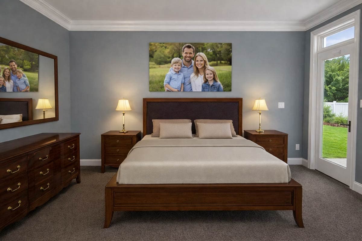 Bedroom with wooden dresser, nightstands, queen bed with upholstered headboard, and French doors to yard.