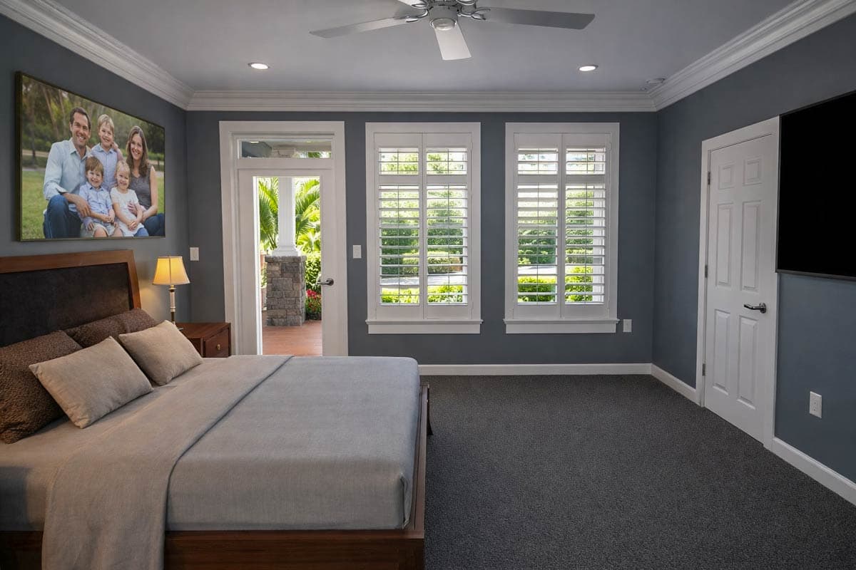 Bedroom with large bed, doors to patio, two shuttered windows, ceiling fan, and wall-mounted television.