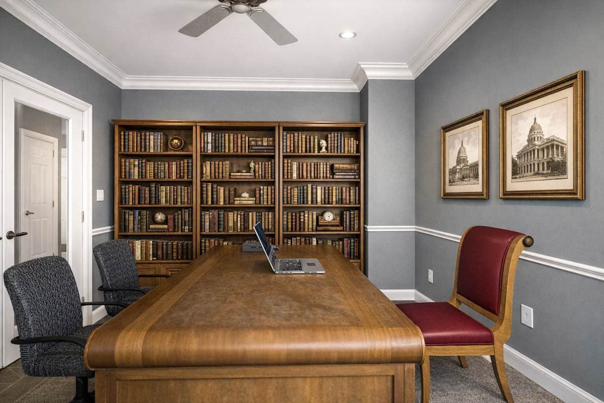 Office with floor-to-ceiling bookshelves, a large wooden desk with a laptop, and framed architectural prints.