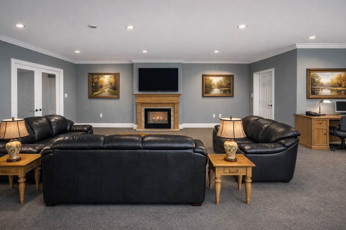 Interior living area with fireplace, television, two black leather sofas, end tables, and a wooden desk with computer.