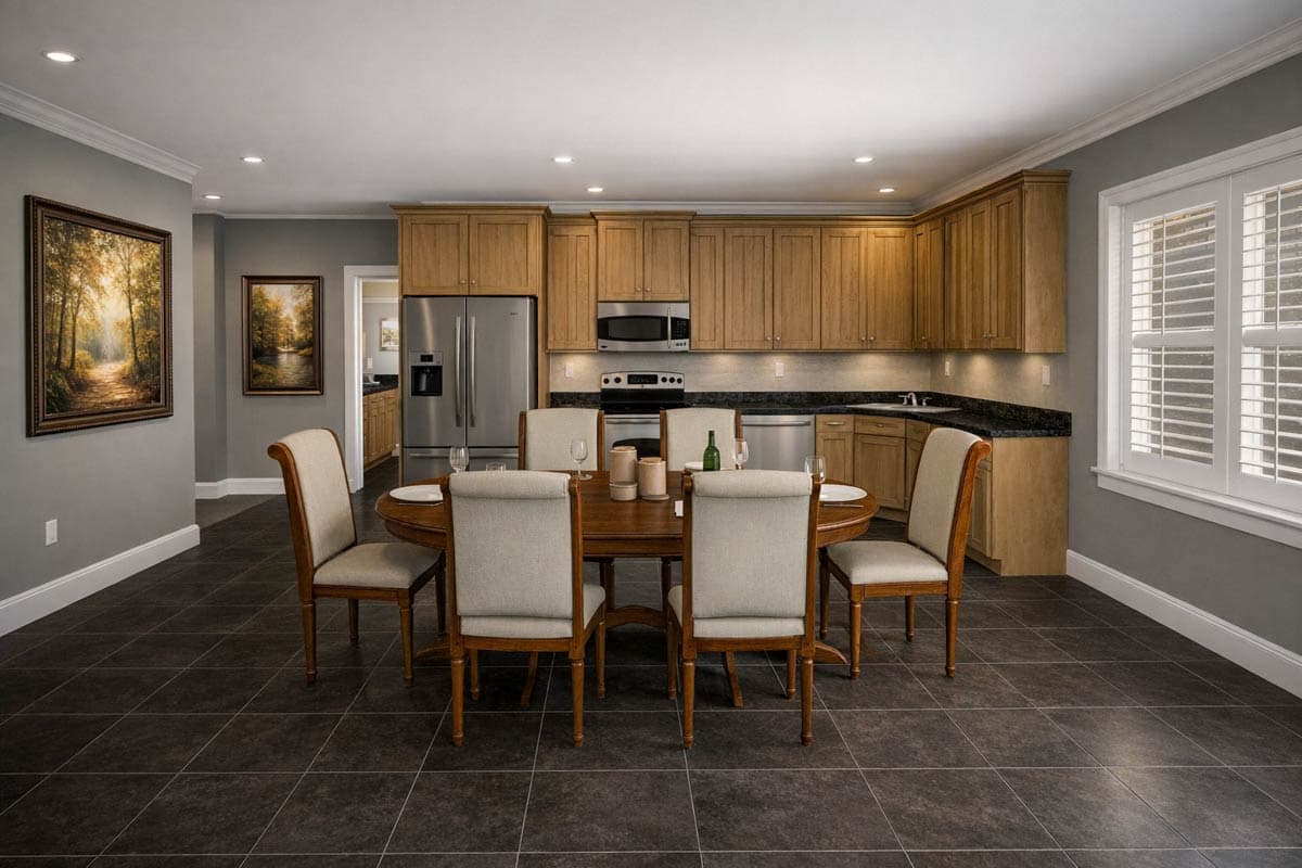 Dining area and kitchen with wood cabinetry, stainless steel appliances, island, and large window.