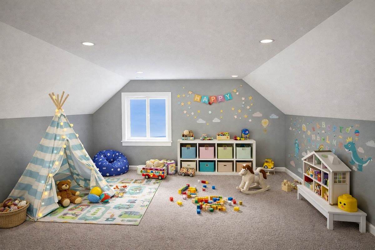 Children's playroom with teepee, toy storage, and rock horse. Sloped ceilings with recessed lighting.