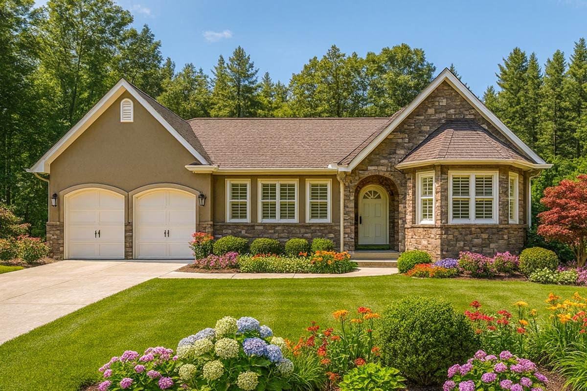 A beautiful two-car garage home with a stone facade, surrounded by a lush green lawn and vibrant flower beds under a bright blue sky.
