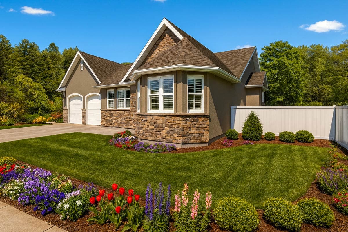 House plan exterior: Two-story Modern Farmhouse with dual garage, stone accents, gabled rooflines, and bay window.