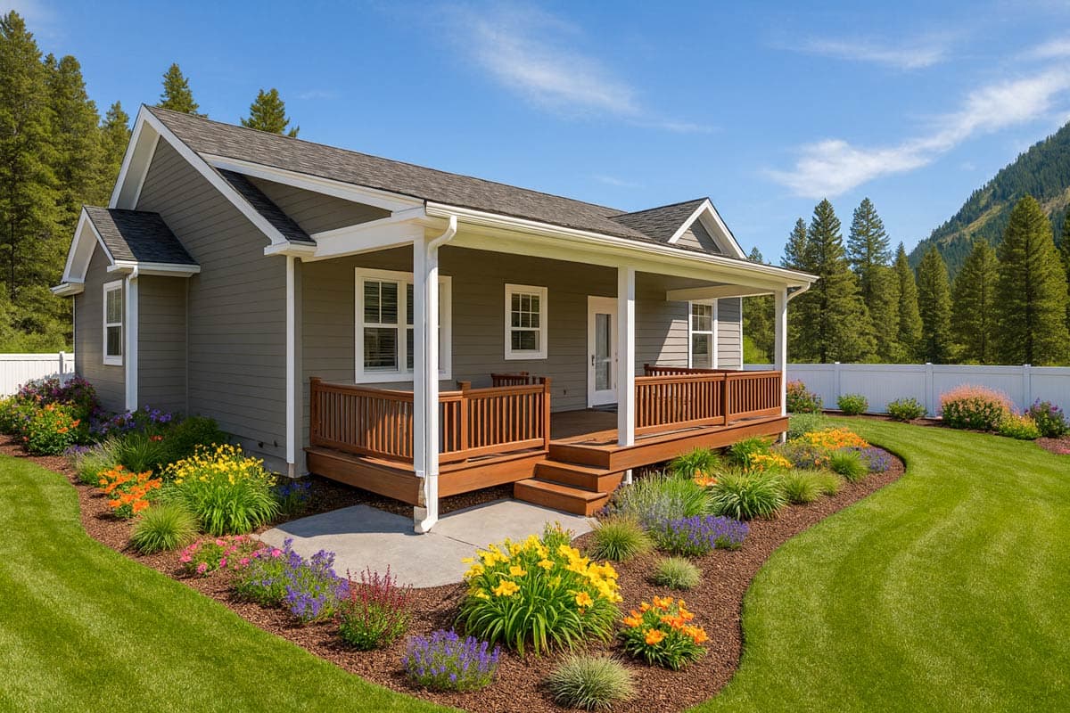House plan exterior of a one-story home with a covered front porch, gabled roof, and wood railings.