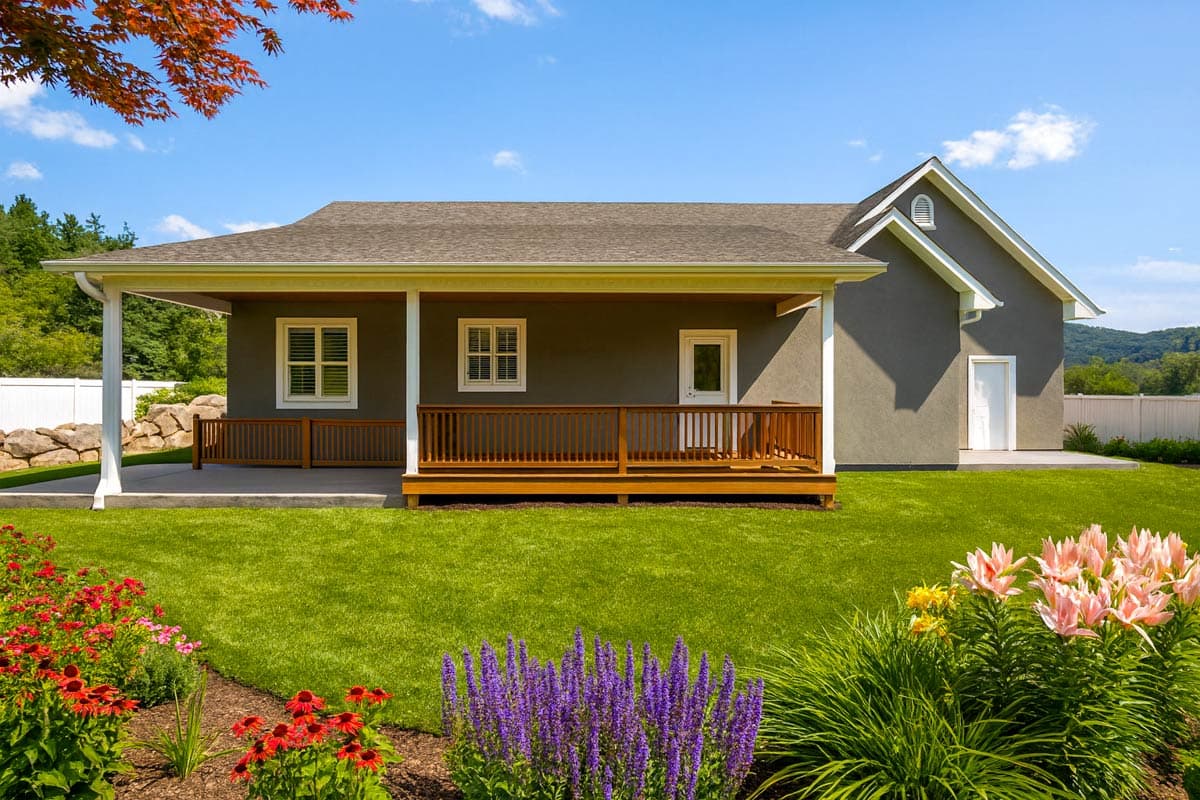 House plan exterior with a covered porch, deck, and gabled roof section with dormer.