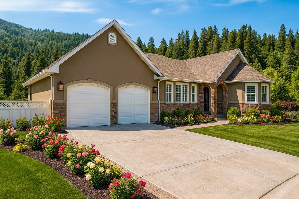 House plan exterior: One-story home with a two-car side-entry garage, arched stone entryway, stone accents, and gabled dormers.