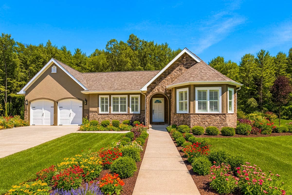 House plan exterior with a stucco finish, stone accents, a gabled roof, bay windows, and a double garage.