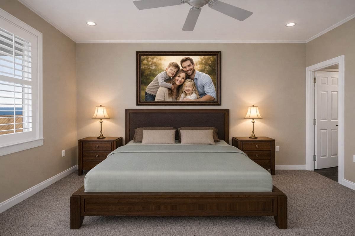 Bedroom interior with queen bed, wood nightstands with lamps, plantation shutters on window, and framed family portrait.
