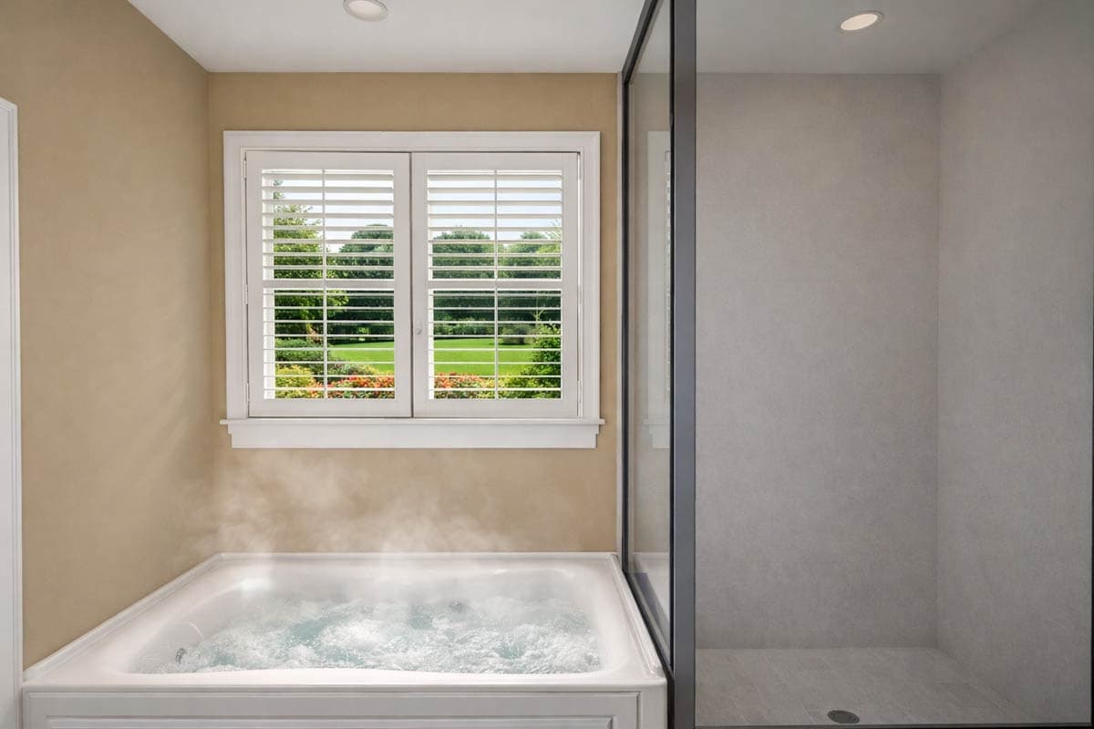 Bathroom interior with corner soaking tub, louvered shutters on window, and glass-enclosed shower.