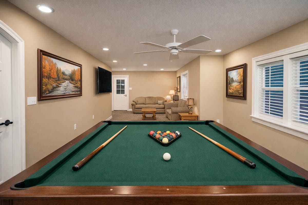 Game room with pool table, seating area with sofa and chairs, and television.