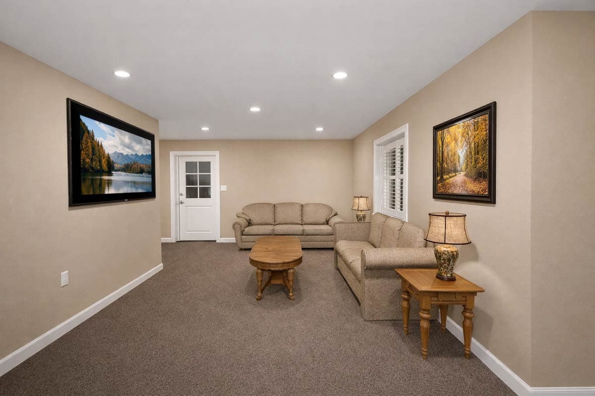 Interior view of a living area with two sofas, coffee table, and a television on the wall.