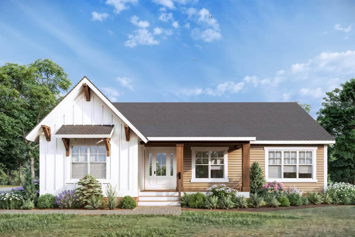 A craftsman-style house with white siding and a brown shingled roof, accented by wooden supports, windows, and a porch, set against a blue sky.