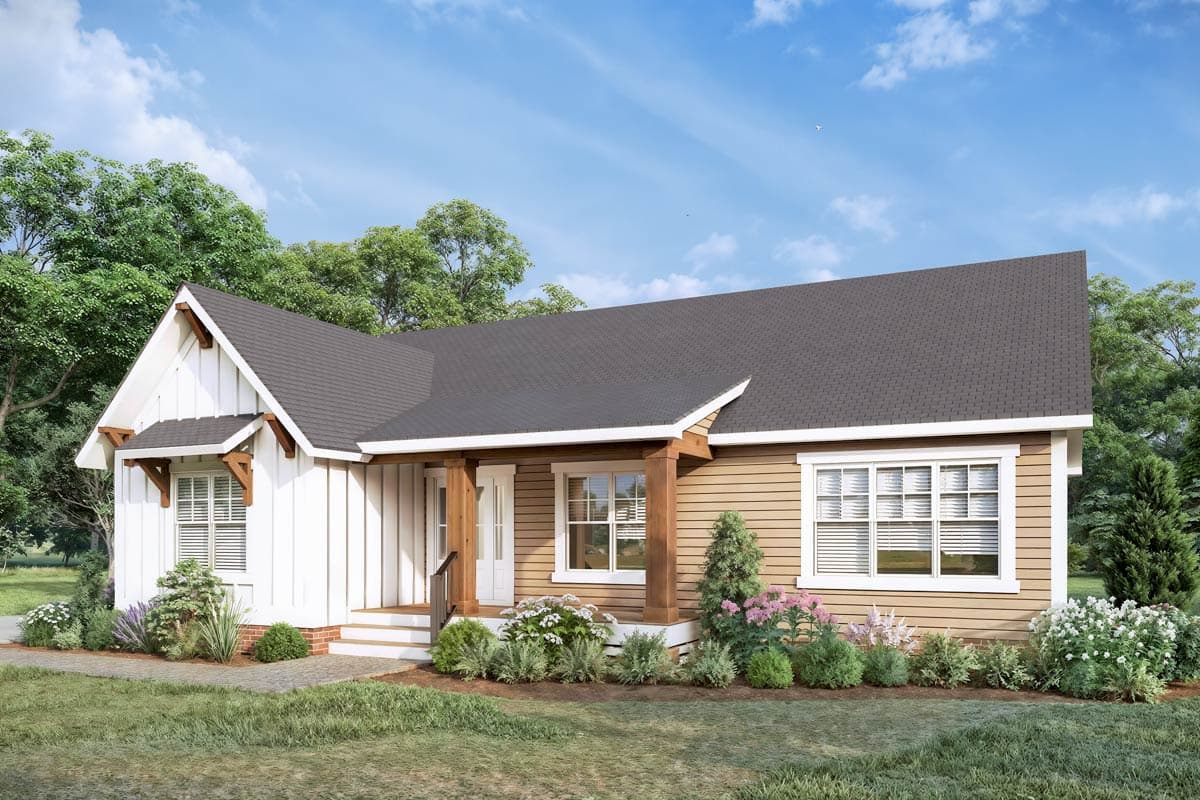 House plan exterior with white board-and-batten siding, tan lap siding, covered porch with timber posts, and gabled dormers.