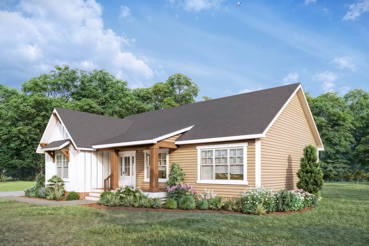 House plan exterior: Modern Farmhouse style, one story, with a covered entry porch, prominent gables, and board and batten siding.