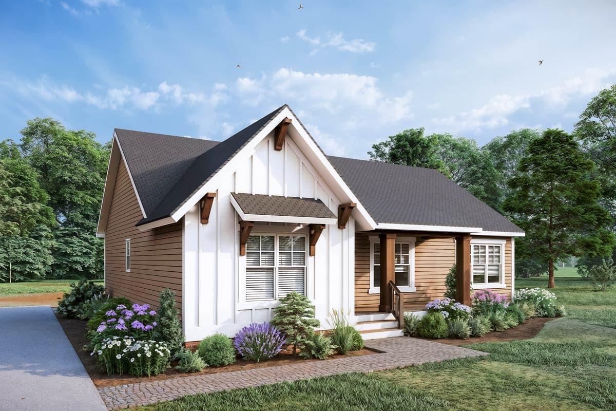 House plan exterior: single-story Modern Farmhouse with board and batten siding, gable end with exposed rafter tails, and covered entry porch.