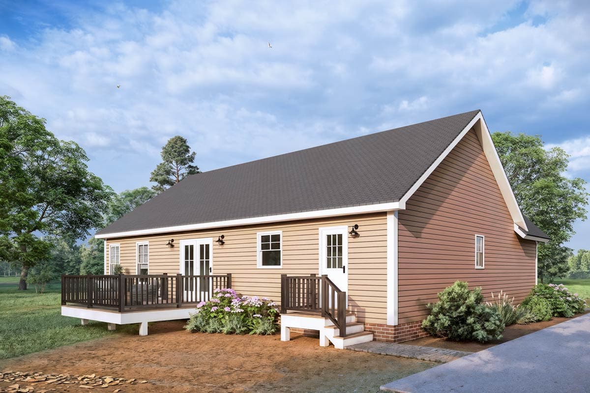 House plan exterior: one-story home with gabled roof, horizontal siding, front deck, and two entry doors.