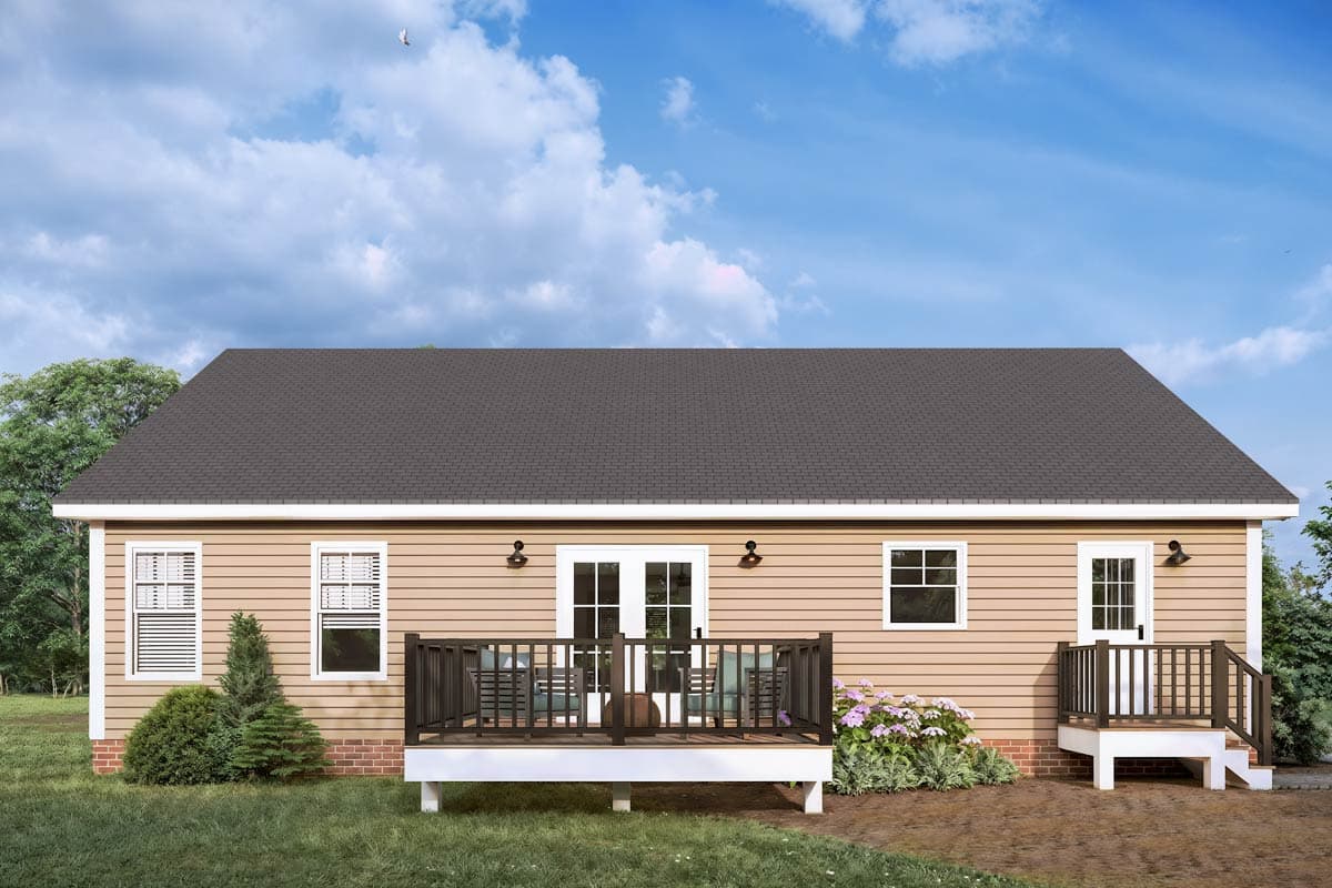 House plan exterior view, one story, tan siding, dark deck with stairs, double doors, and multiple windows.