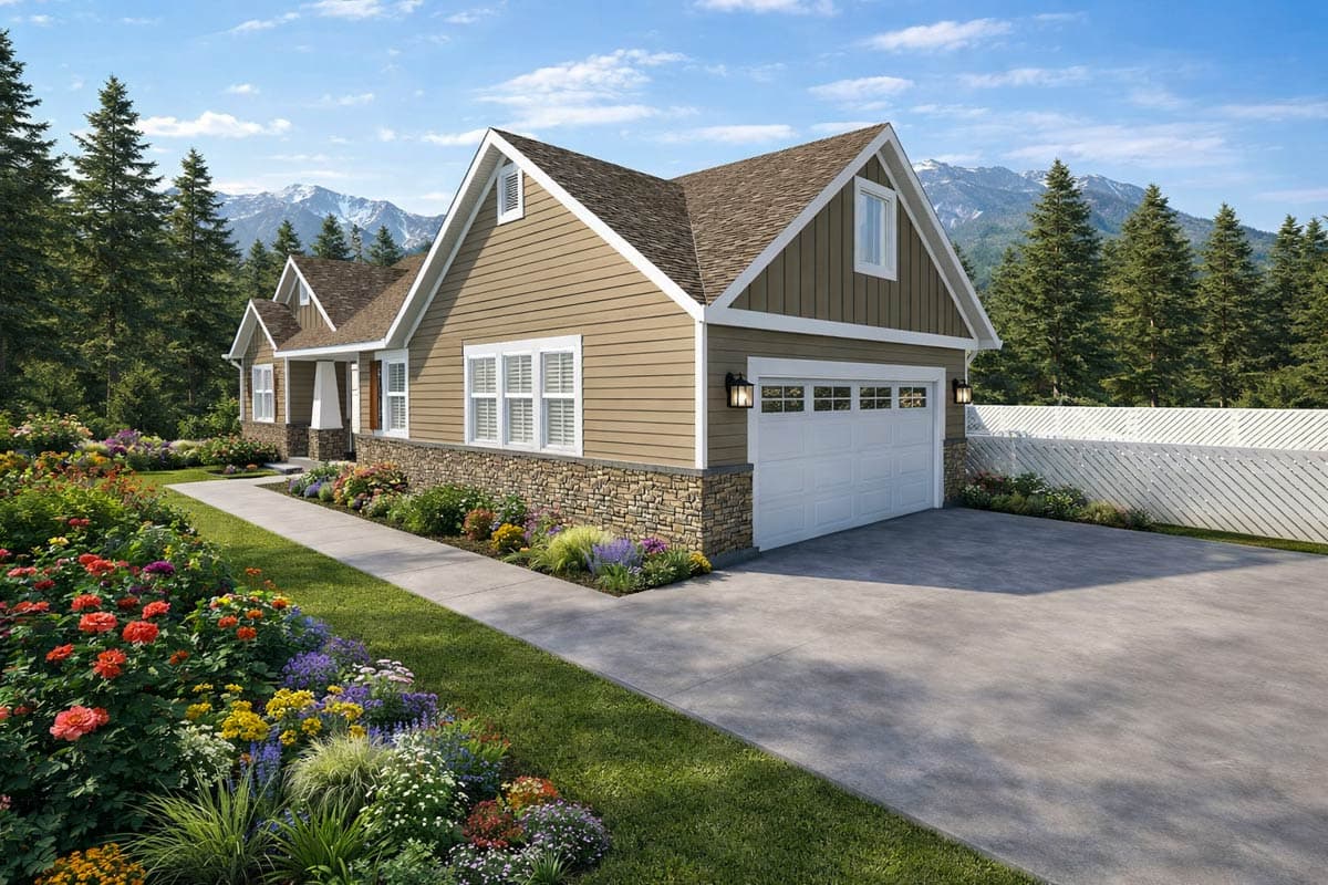 House plan exterior: Modern Farmhouse style, one story, with stone wainscoting, gables, dormers, and a two-car front-entry garage.