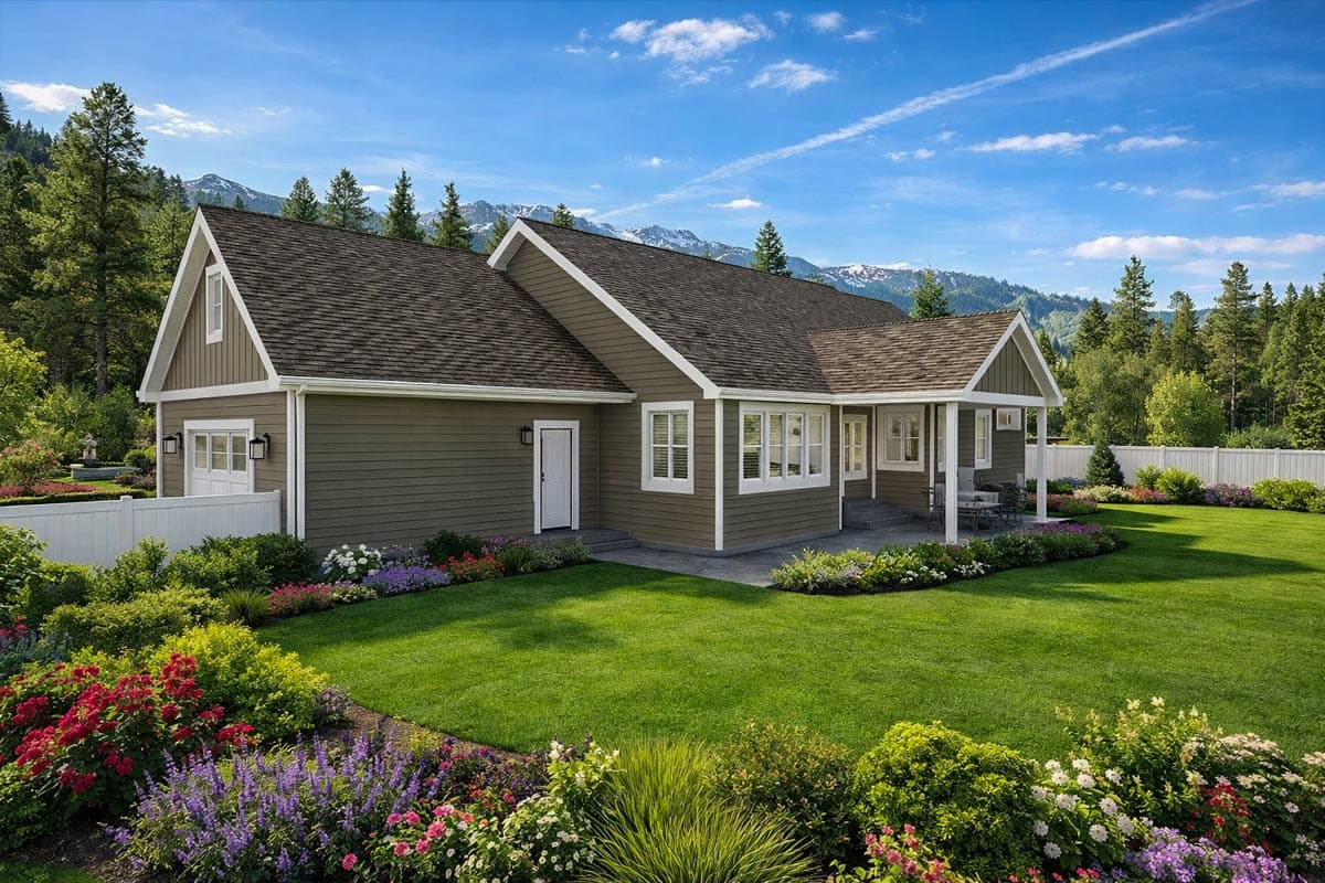 Modern Farmhouse house plan exterior with gables, covered porch, and attached garage.