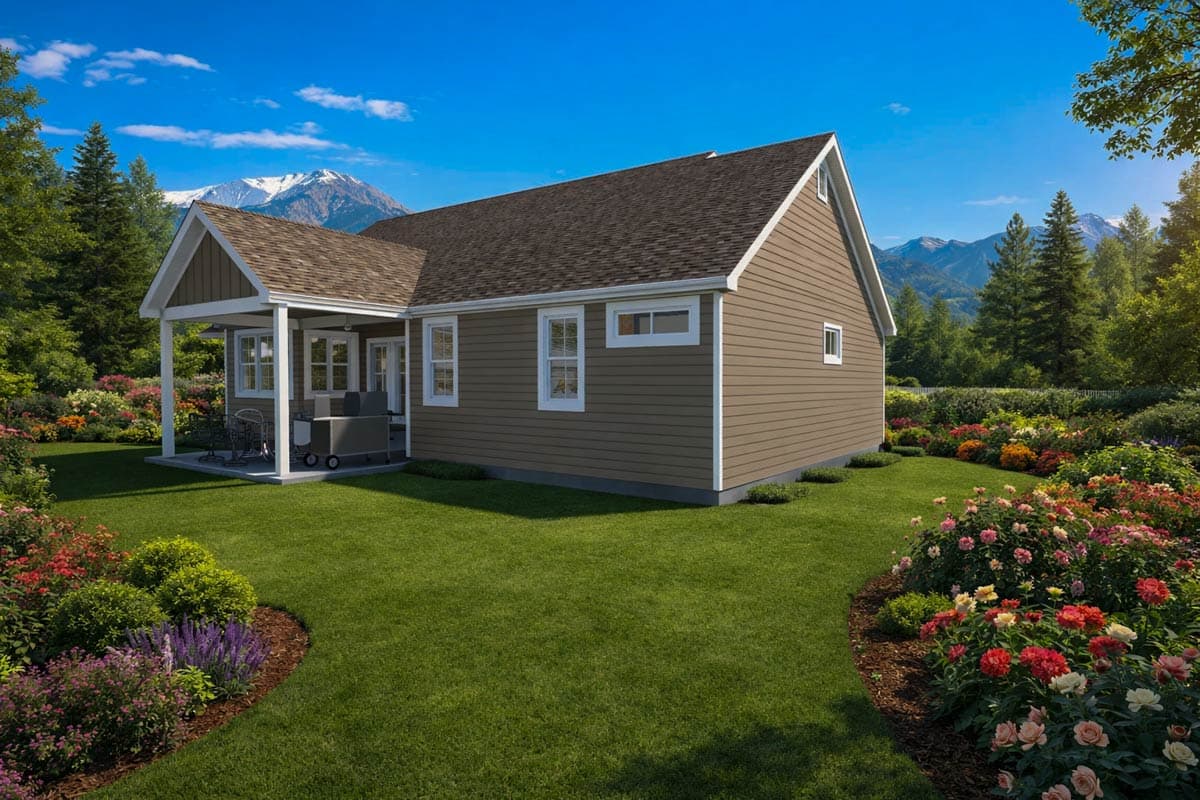 House plan exterior of a one-story home with a covered porch, gable roof, and vinyl siding.
