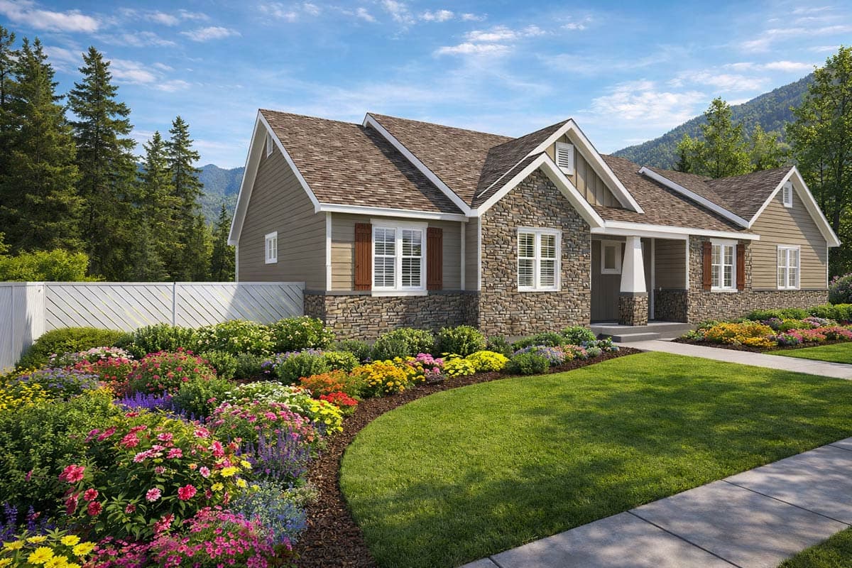 House plan exterior: single-story Modern Farmhouse with stone and siding, prominent gables, dormers, and covered entry.