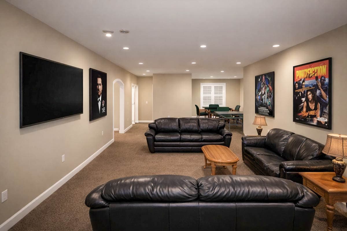 Interior view of a finished basement with black leather sofas, a coffee table, movie posters, and a game table.