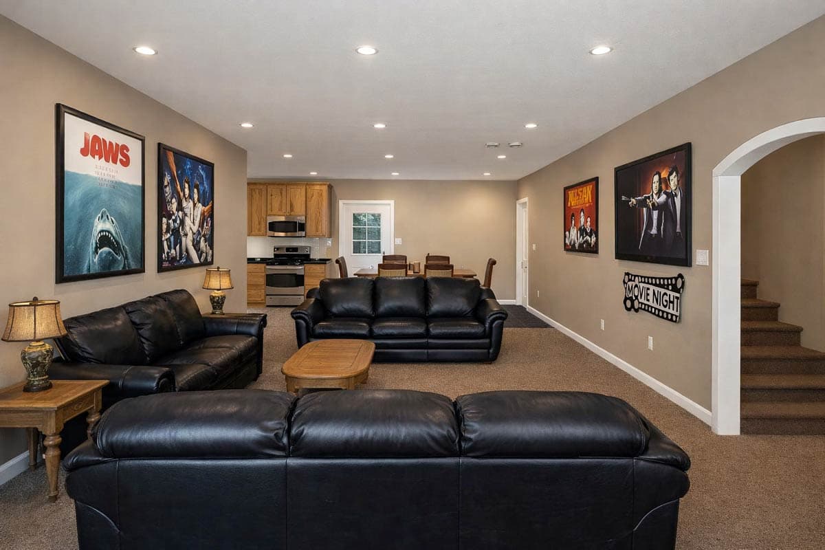 Open concept entertainment room with kitchen, dining area, black leather sofas, and movie posters.