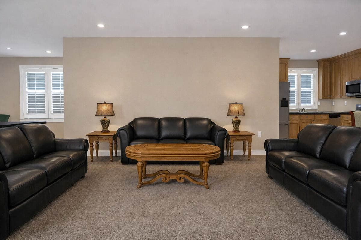 Interior view of a living area with black leather sofas, wooden coffee table, side tables with lamps, and an adjacent kitchen.
