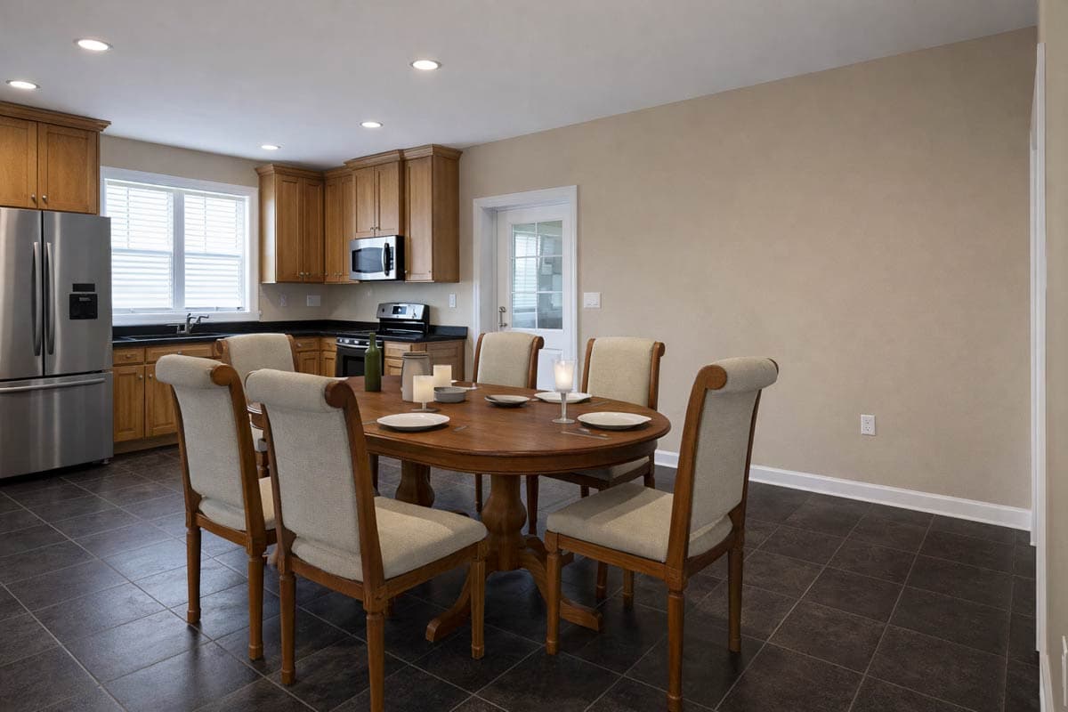 Kitchen and dining area with stainless steel appliances, wood cabinets, oval dining table, and six upholstered chairs.