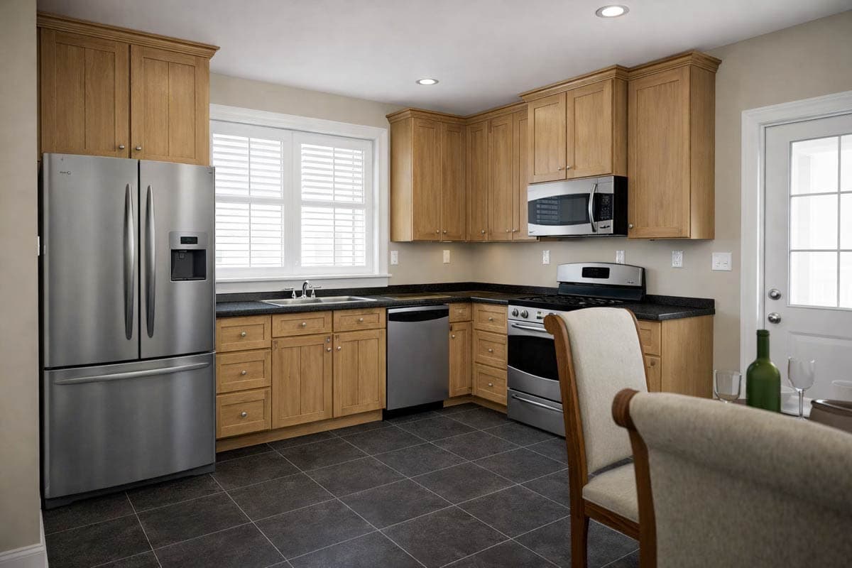 Kitchen with light wood cabinets, stainless steel refrigerator, dishwasher, oven, and granite countertops. Features a large window.