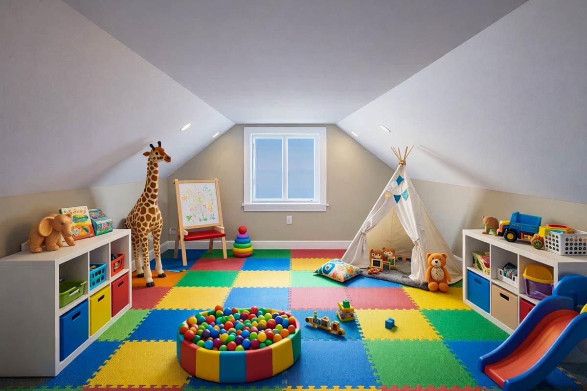 Attic playroom with teepee, ball pit, slide, toy storage, and a large giraffe toy.