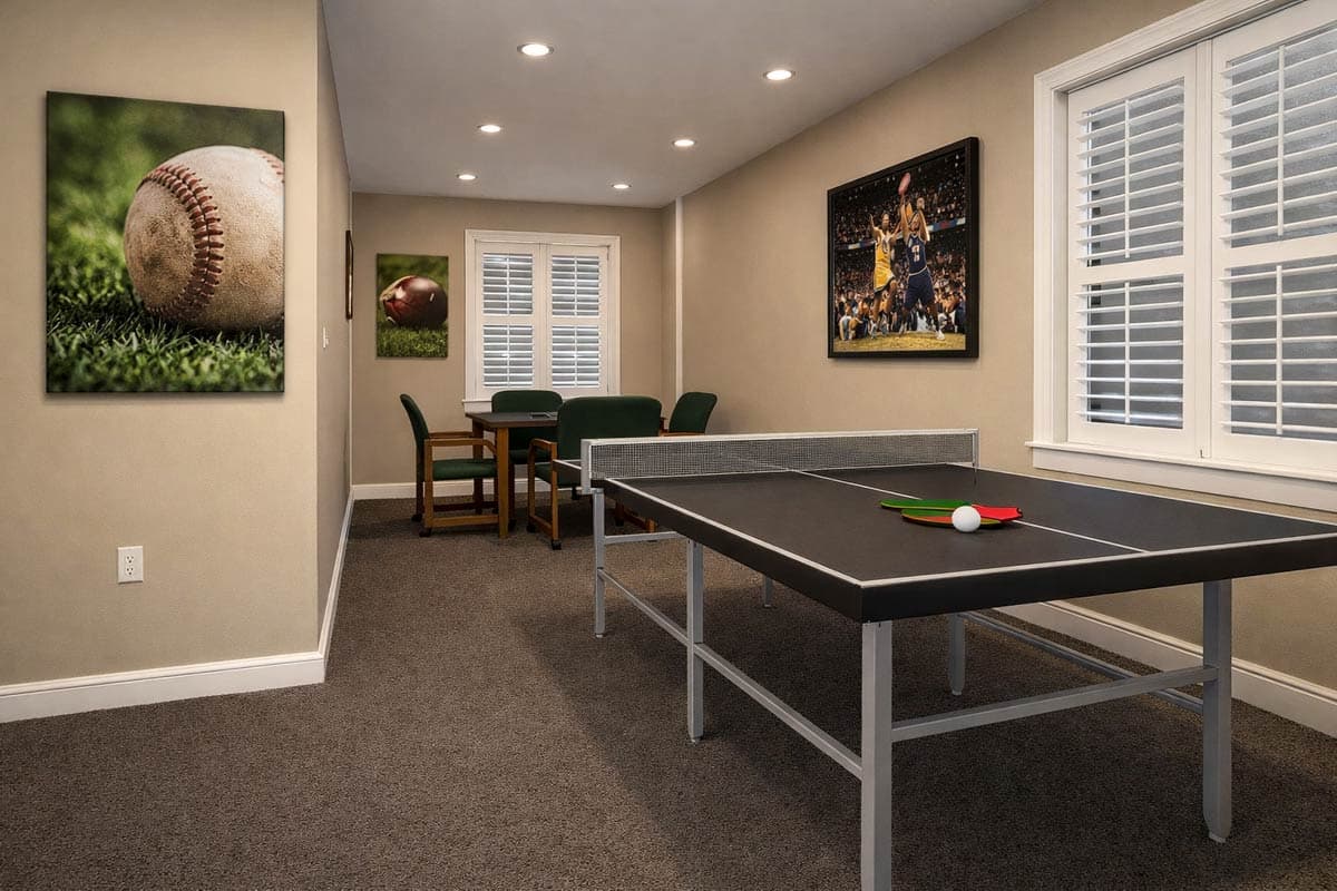 Recreation room with ping pong table, dining table, and sports-themed artwork.