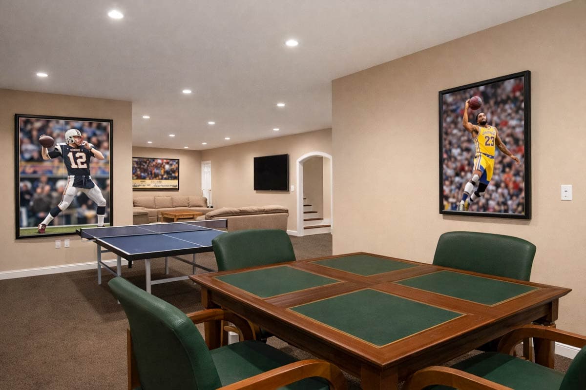 Recreation room with ping pong table, game table, seating area, and sports-themed wall art.