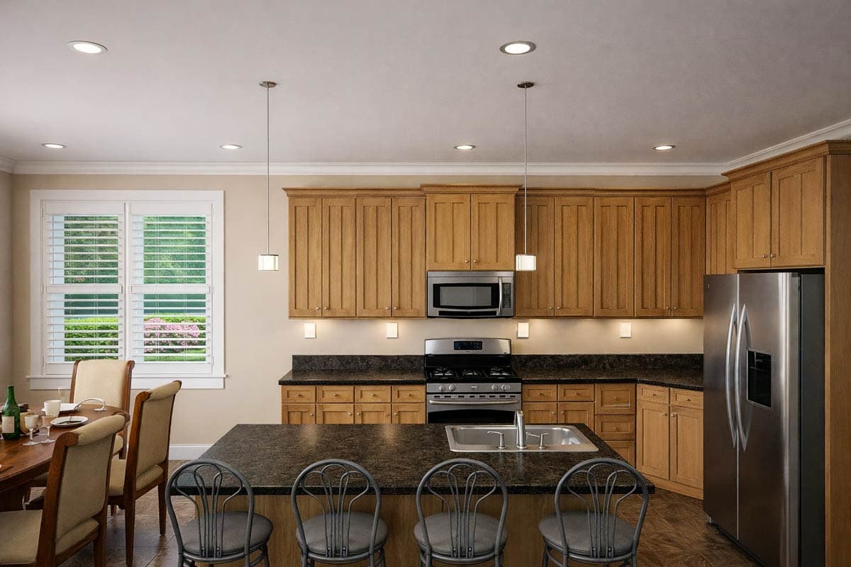 Kitchen with a large island, stainless steel appliances, wood cabinetry, and a dining area with shutters.