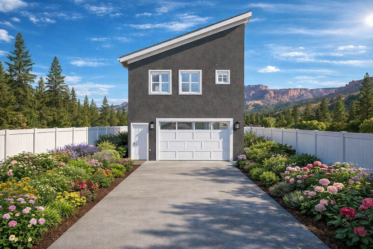 Modern house plan exterior with a steep asymmetrical roofline, dark stucco finish, white garage door, and two windows.