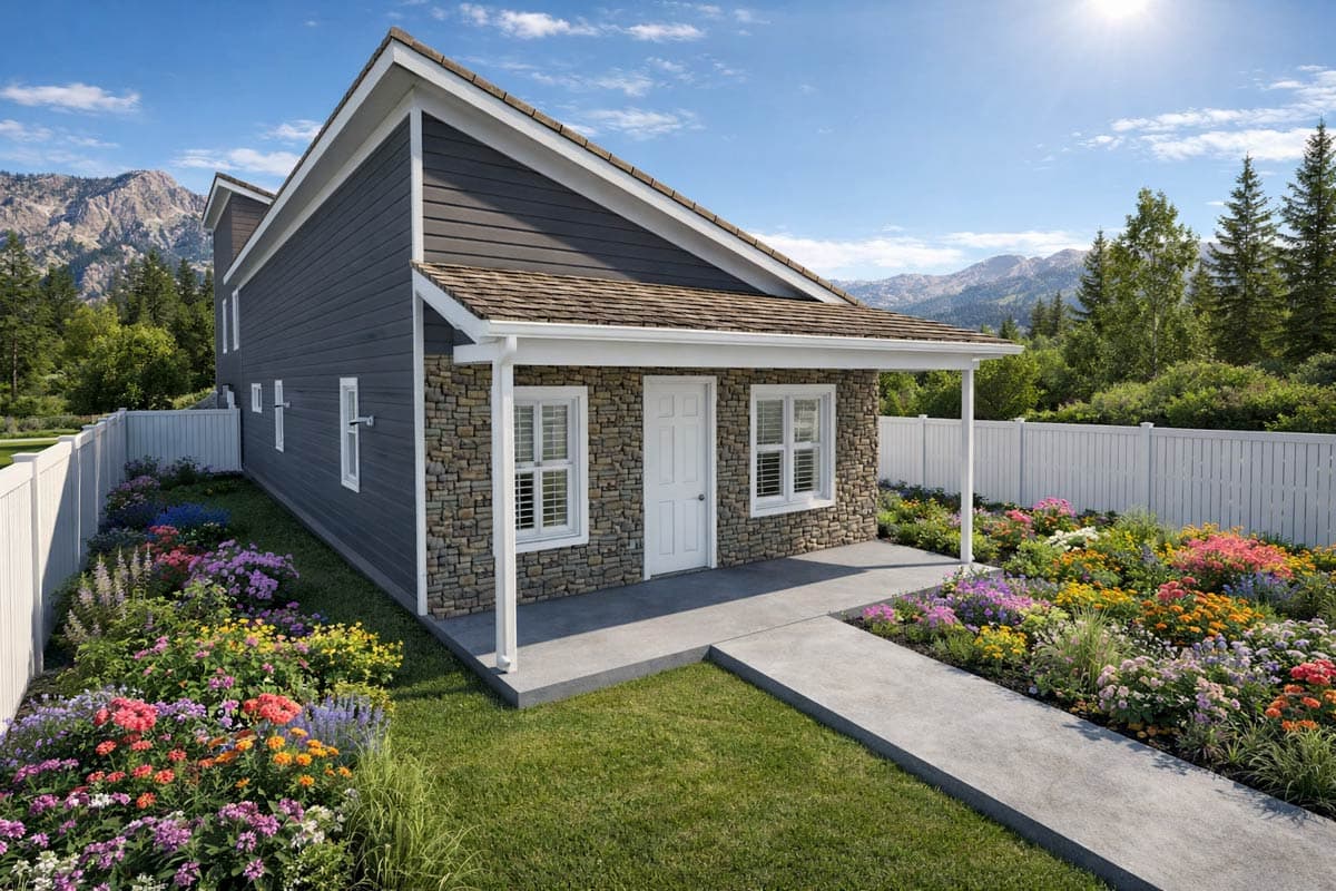 House plan exterior: Two-story modern farmhouse with stone foundation, dark siding, covered porch, and multiple gables.