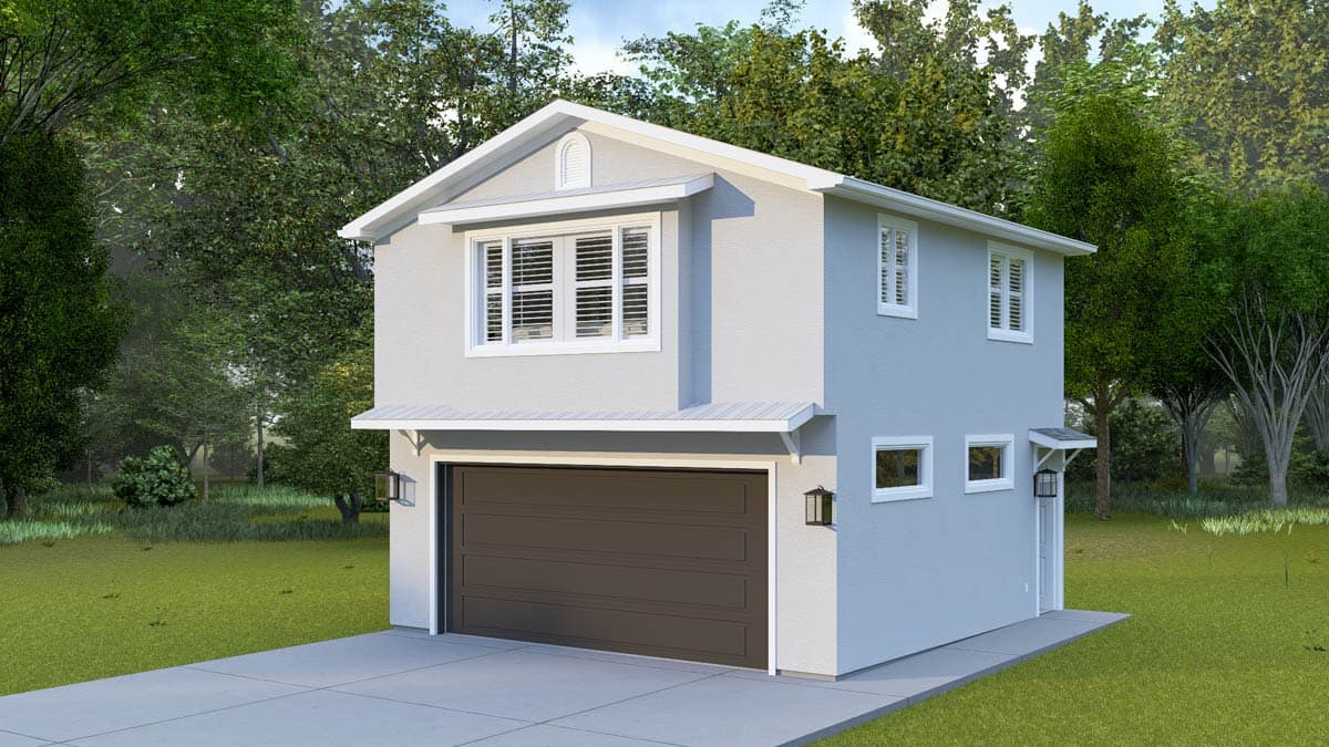 House plan exterior: Two-story modern structure with a front-facing garage, prominent gable, and multiple windows.