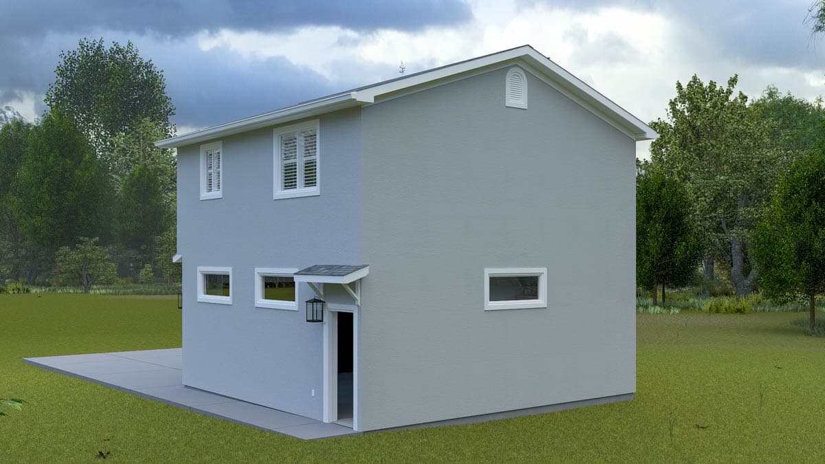 House plan exterior of two-story residence with a gable roof, a dormer vent, and multiple horizontal windows.