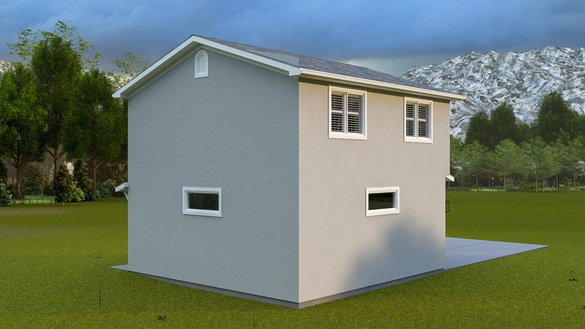 Two-story house plan exterior with gable vent, sloped roof, and multiple rectangular windows.
